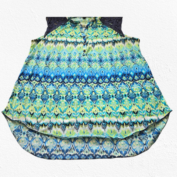 French Laundry Green Blue Watercolor V Neck Relaxed High Low Blouse Size 1X - Picture 6 of 10